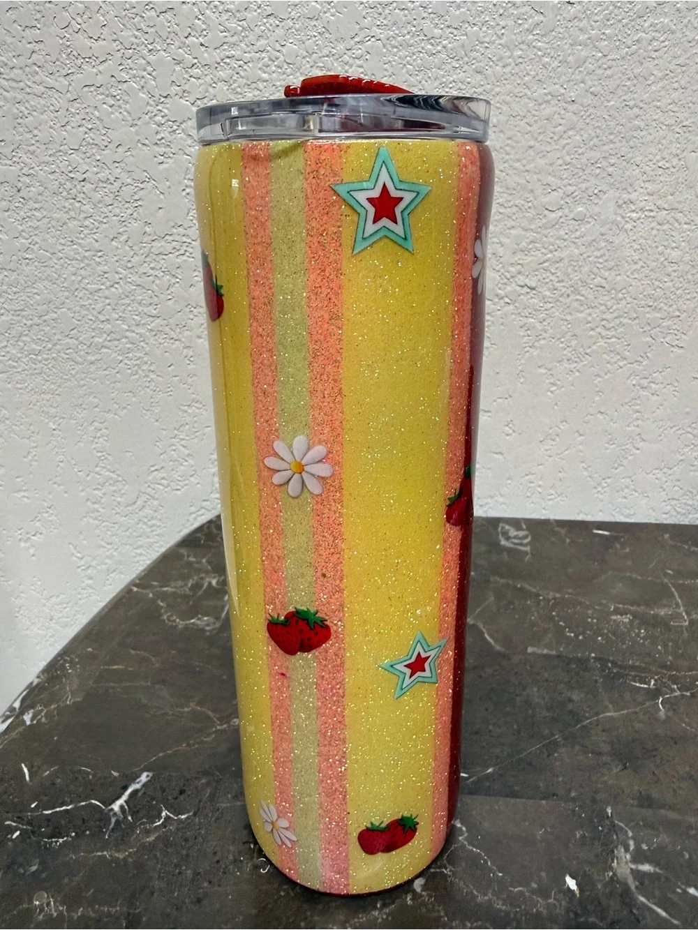 Summer Colorful Strawberry Stripes Glitter 30 oz Skinny Tumbler Cup Handmade